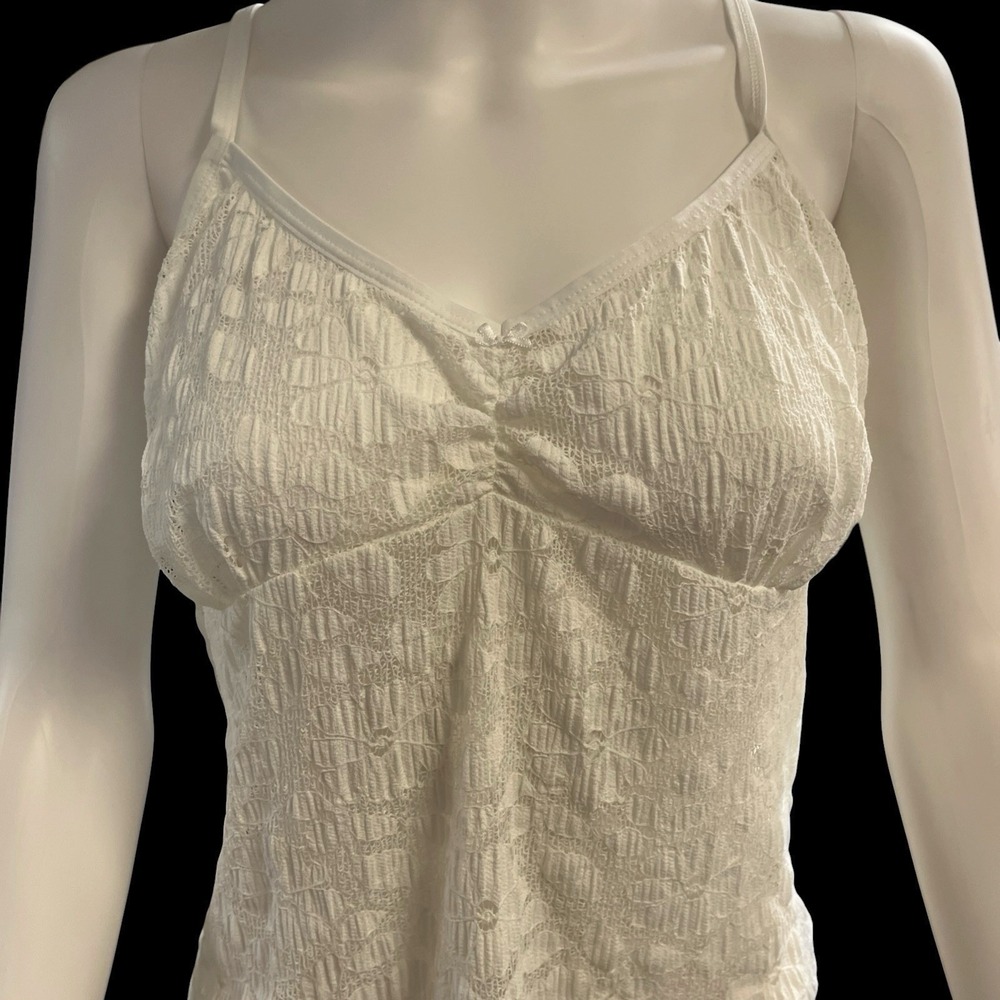 Arie Cami Tank Top White Sheer Lace Babydoll Size L Y2K Coquette Romantic Fairy
